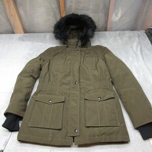 Express Down Jacket Womens Medium Green Insulated Faux Fur Hood Utility Parka